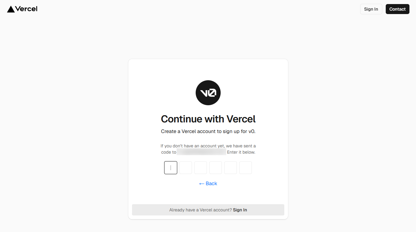 v0のアカウント登録の確認コード入力ページ