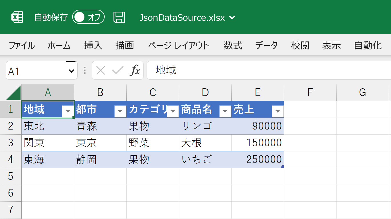 JSONデータをテーブルに設定する