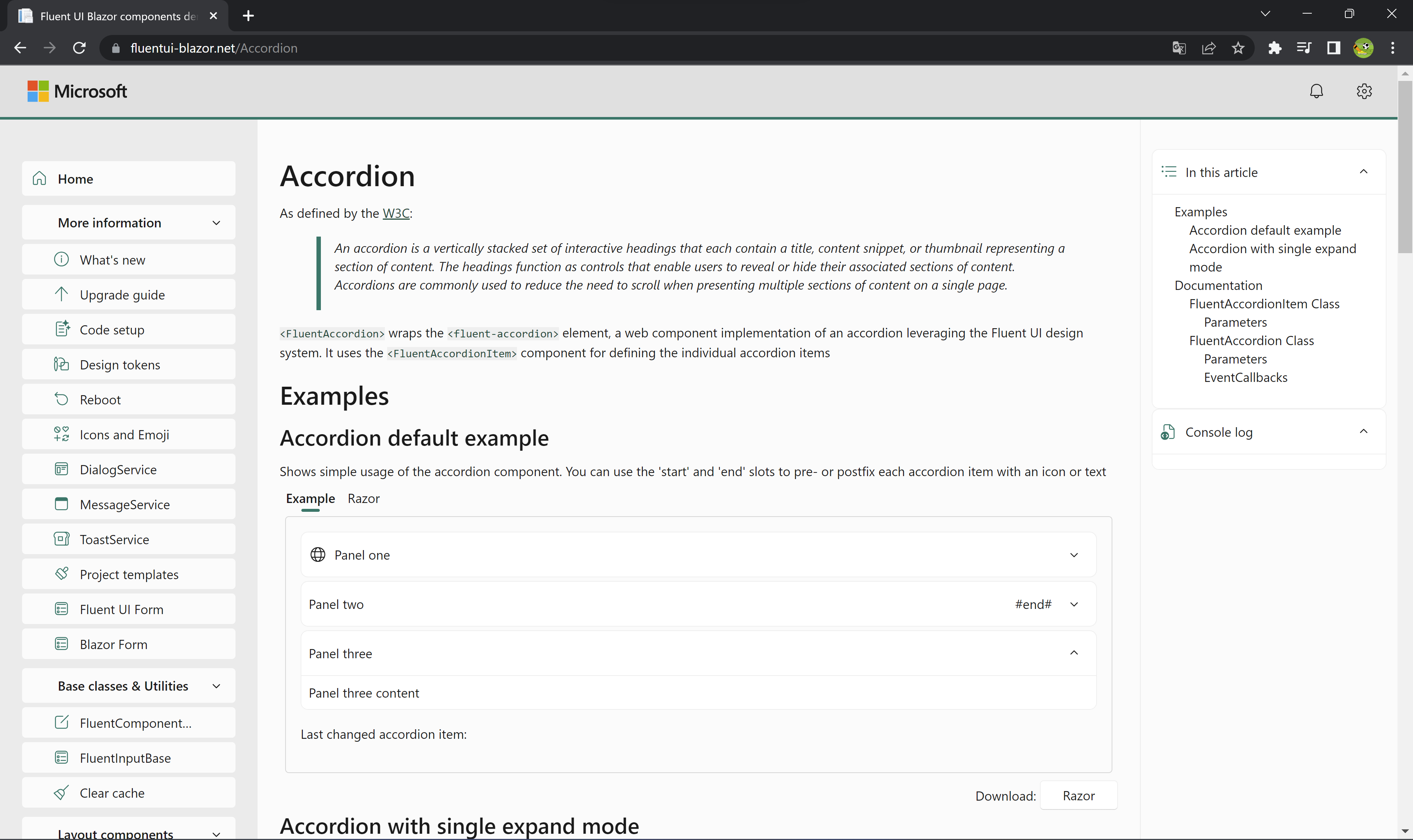 Fluent UI BlazorのWebサイト