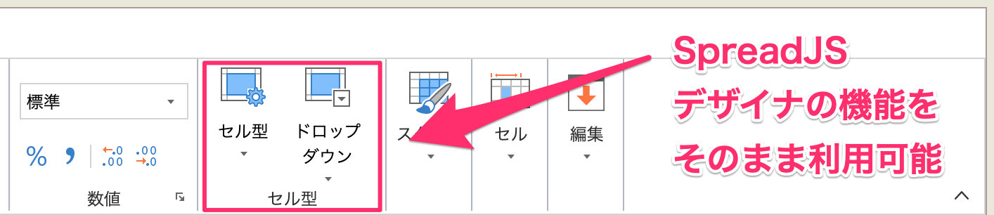 リボンメニューに搭載されたSpreadJSデザイナ機能の例