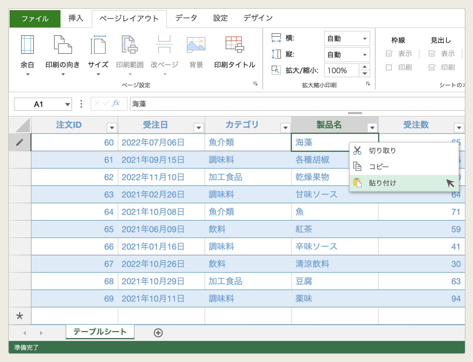 テーブルシート