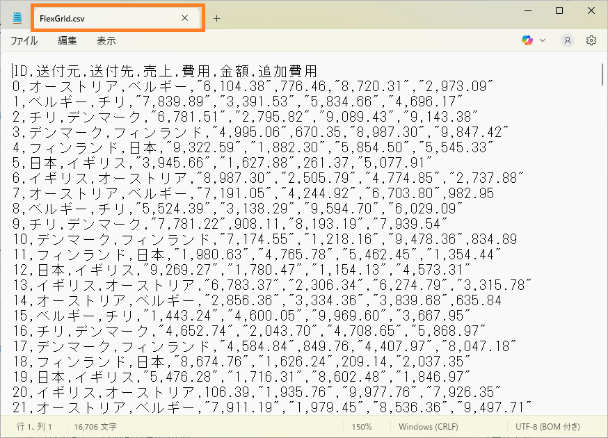 出力されたCSVファイル