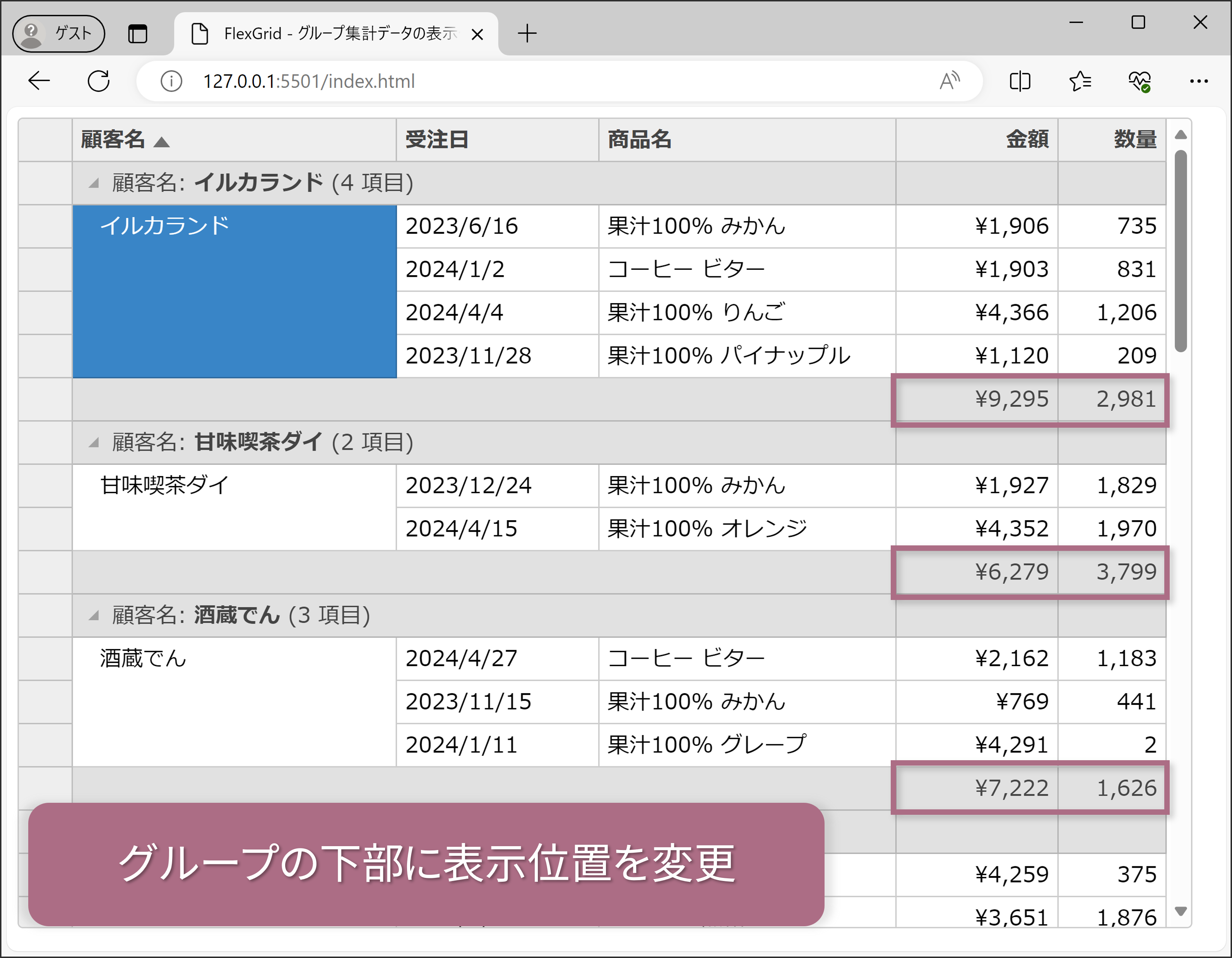 集計値の表示位置をグループ下部に変更