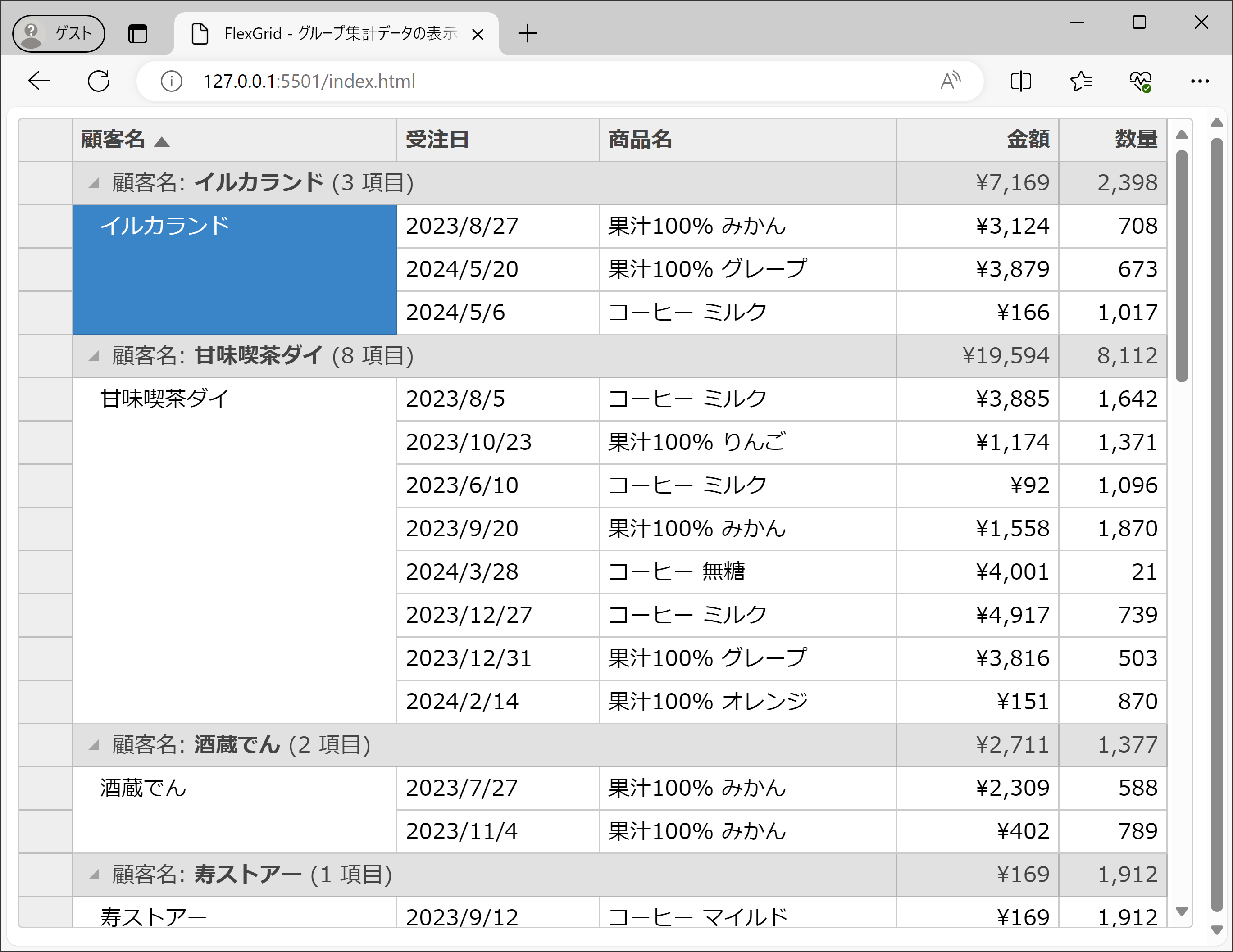 FlexGridをグループ化して表示