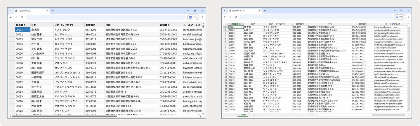 FlexGridとSpreadJSで1000件のデータ表示