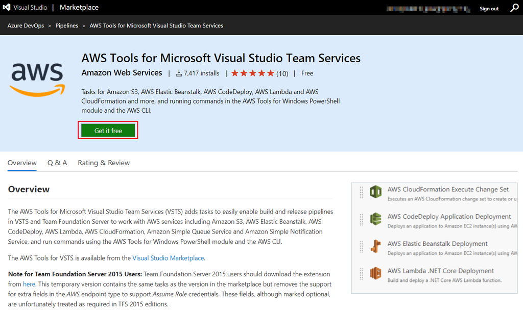 AWS Tools for Microsoft Visual Studio Team Services