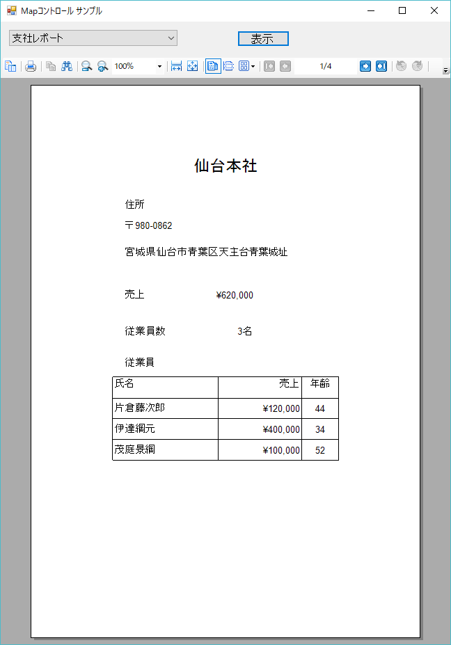 支社の詳細情報を表すレポート