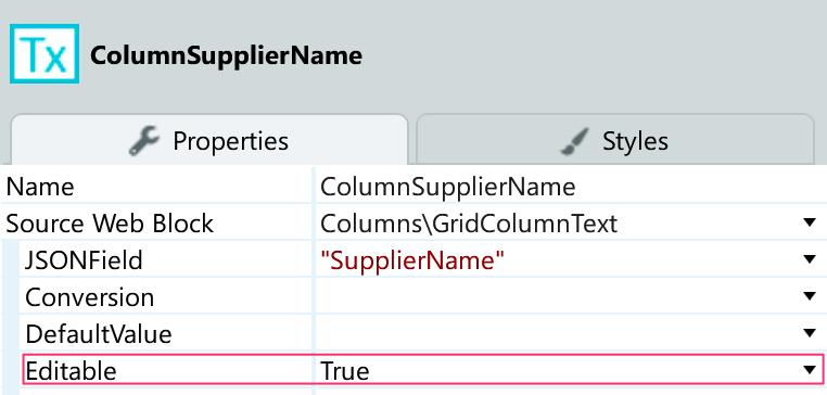 Editableプロパティの設定（ColumnSupplierName列）